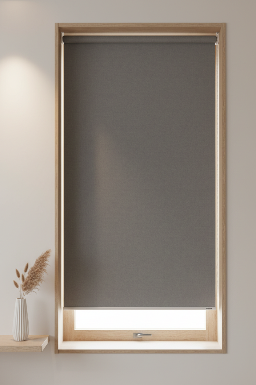 Grey blockout roller blind fully extended