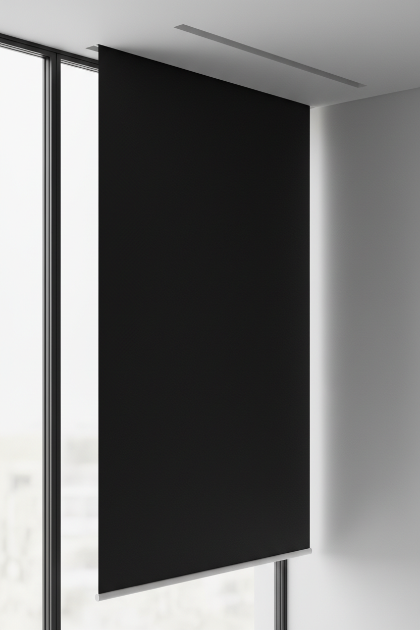 Black blockout roller blind fully extended