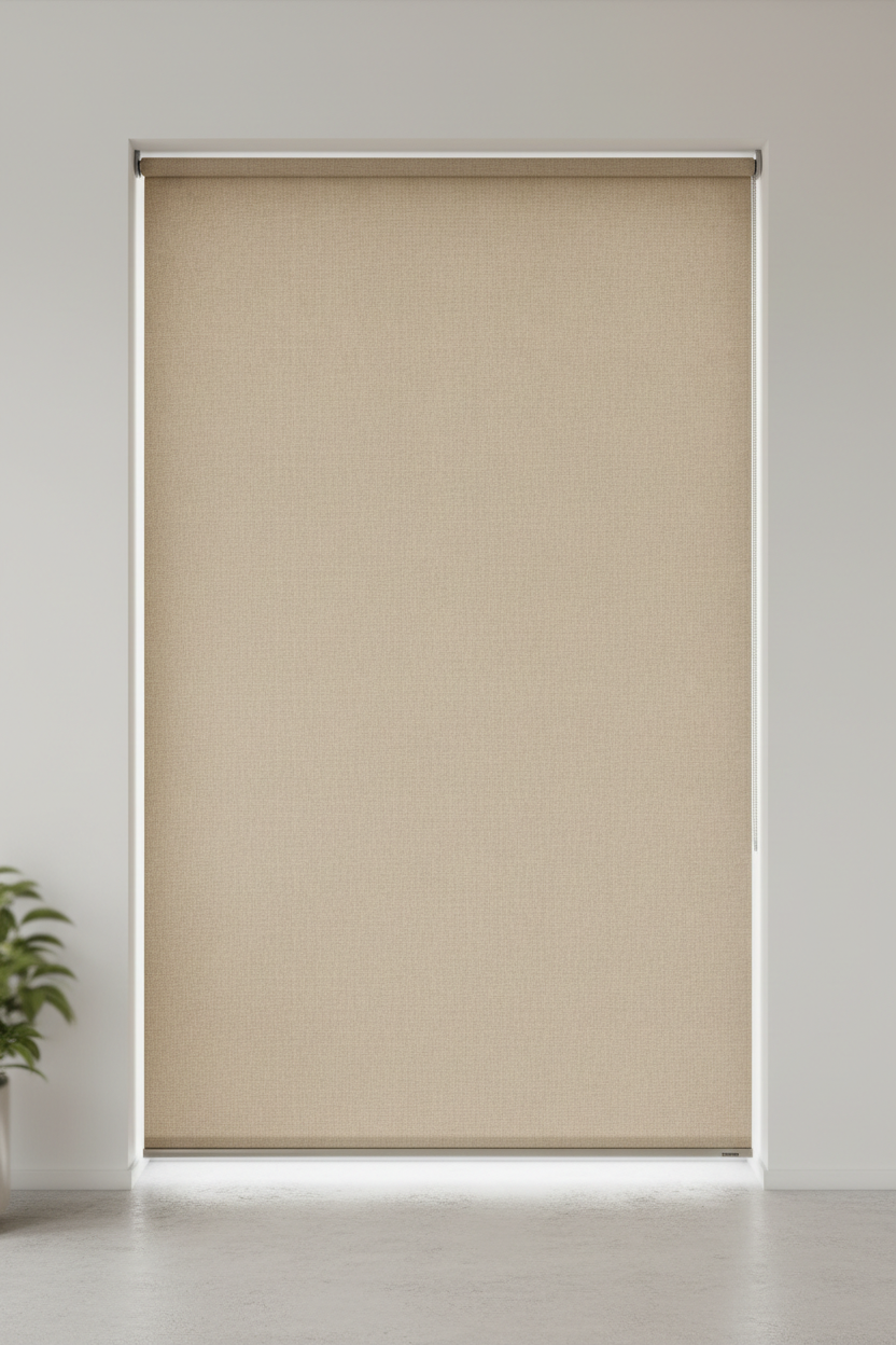 Beige blockout roller blind fully extended