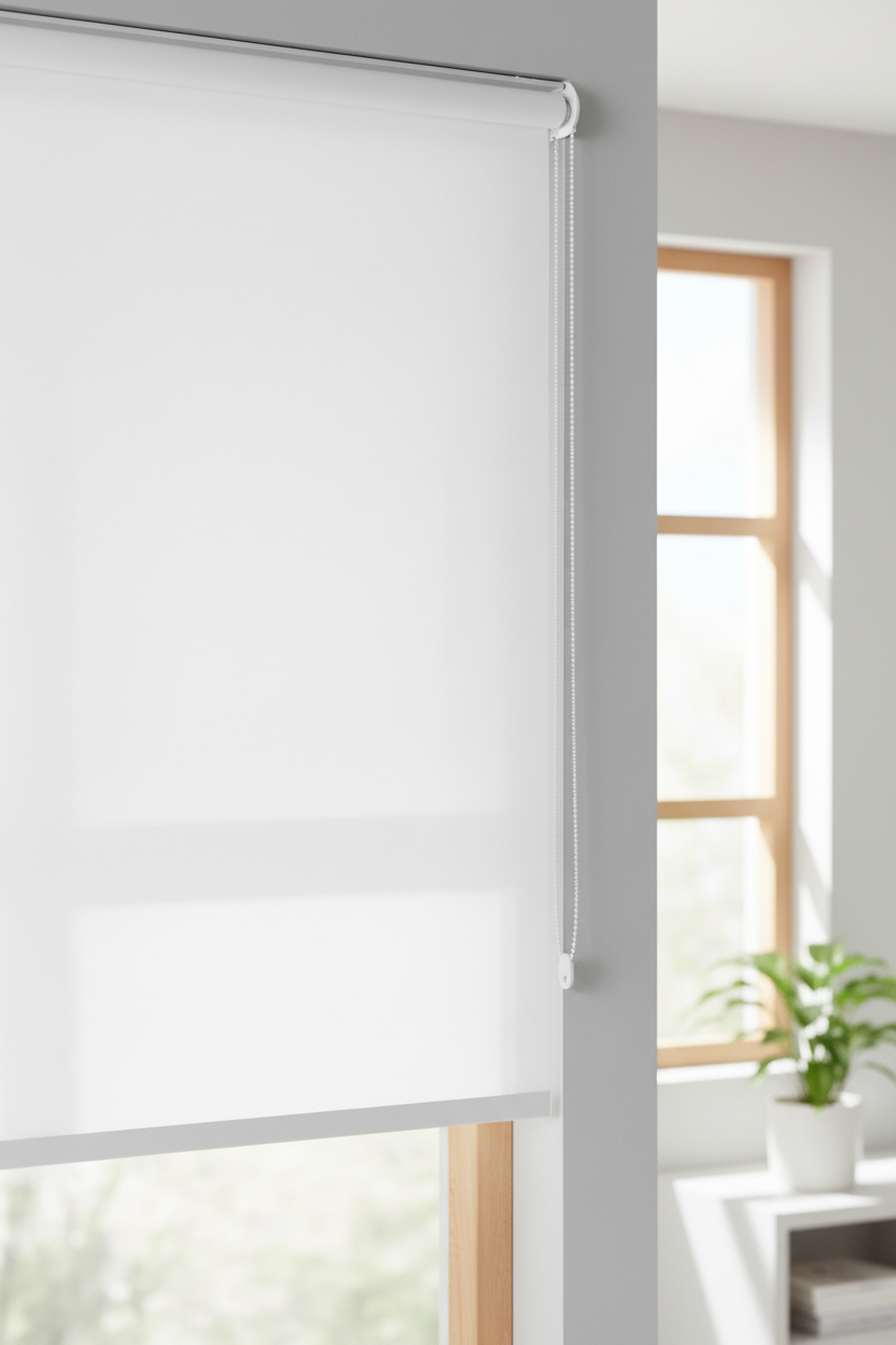 White blockout roller blind fully extended