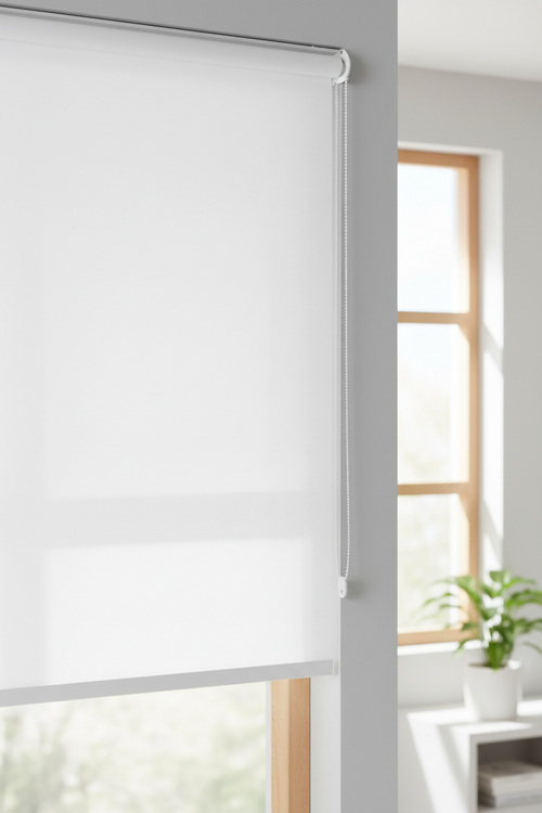 White blockout roller blind fully extended