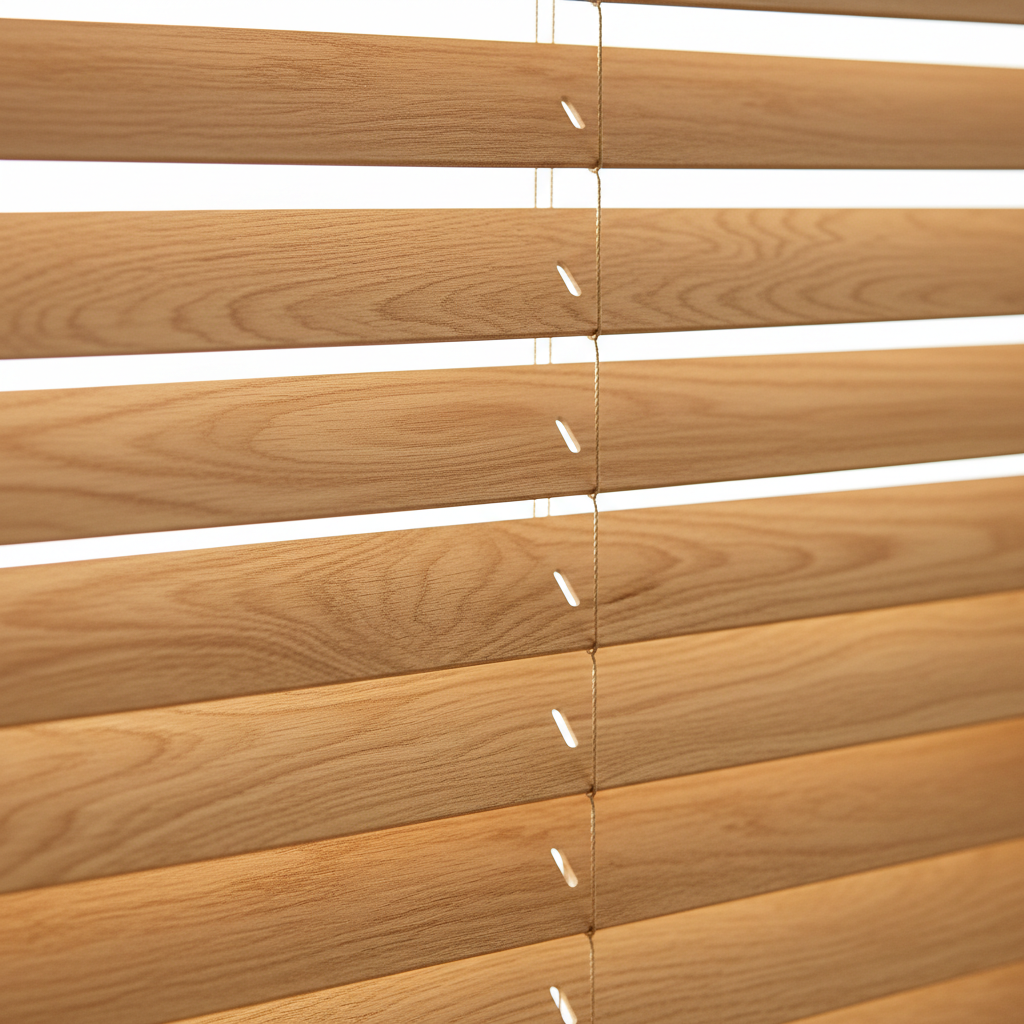 Close-up of natural light oak wooden blinds
